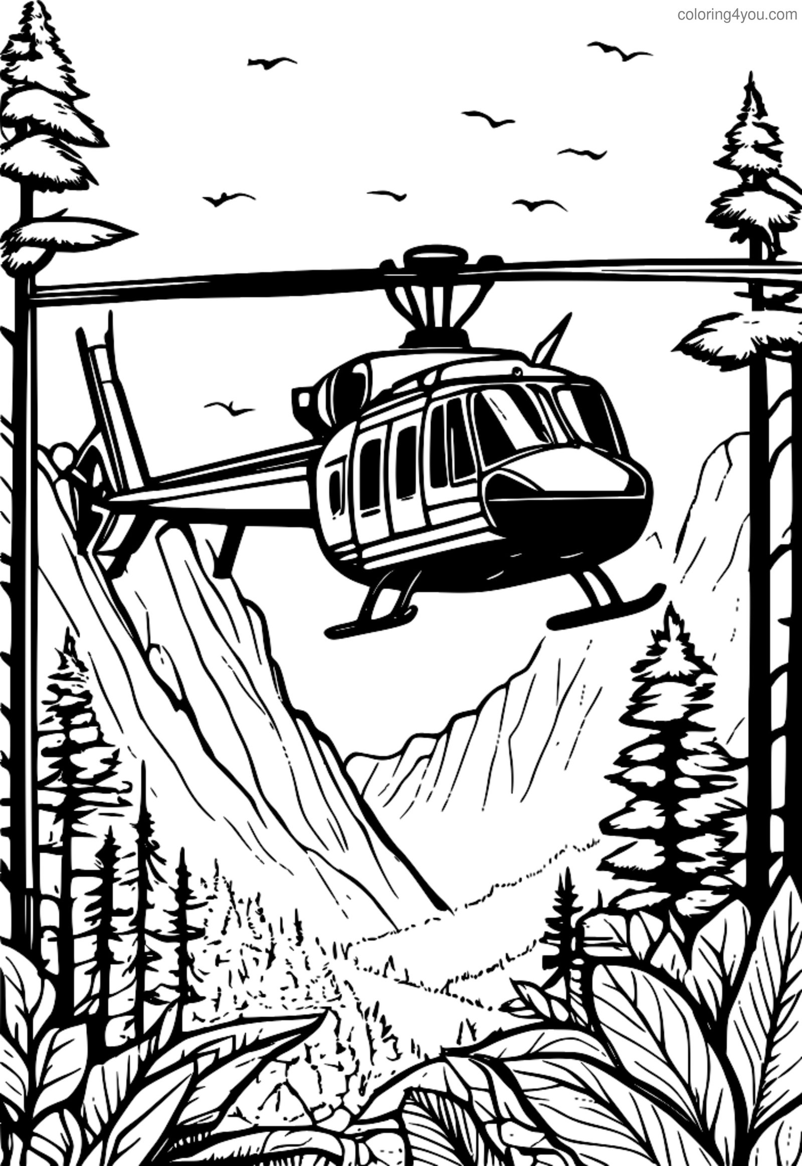 Mga helicopter na umaaligid sa itaas ng mga pahina ng pangkulay ng tanawin ng kagubatan Mga helicopter na umaaligid sa itaas ng mga pahina ng pangkulay ng tanawin ng kagubatan