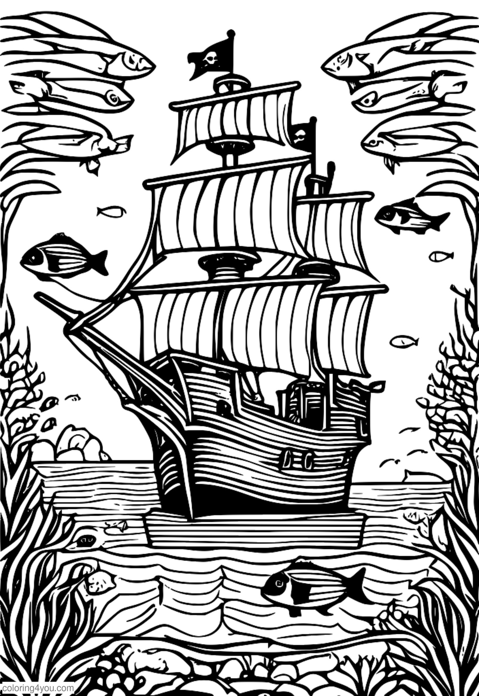 fargeleggingssider av koraller som vokser på et piratskip fargeleggingssider av koraller som vokser på et piratskip