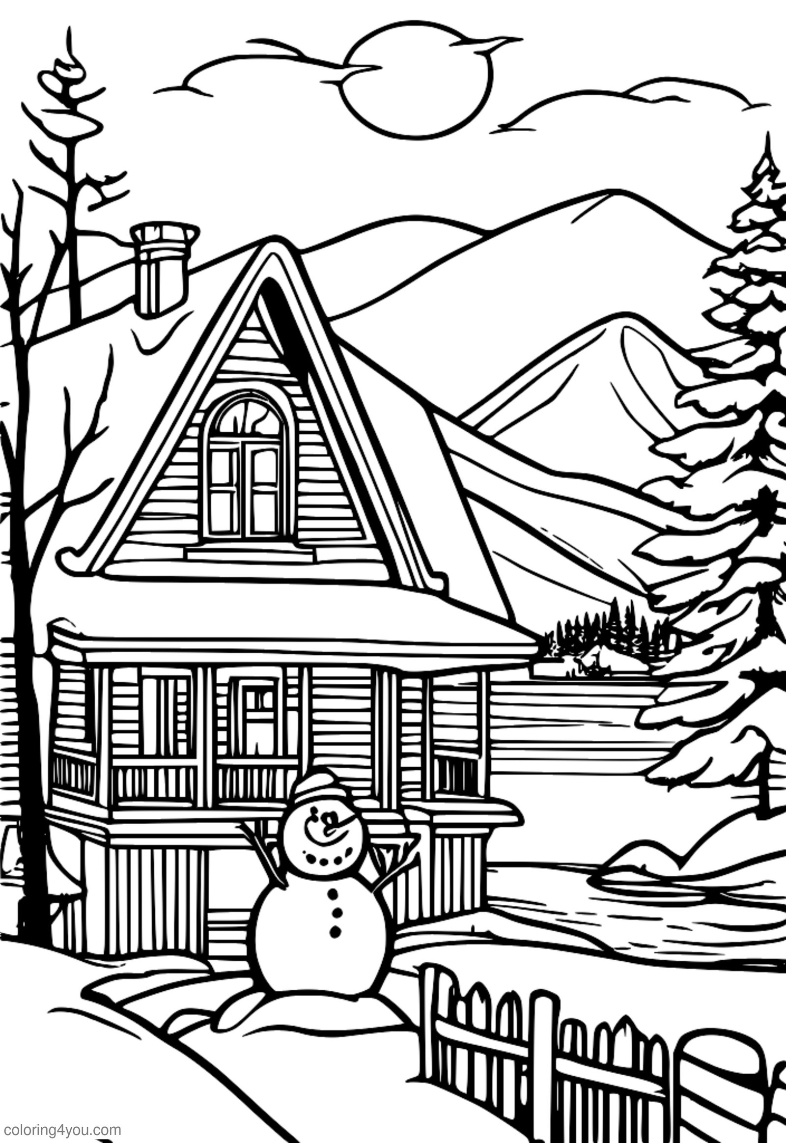 En stor snømann iført skjerf og lue, stående foran et snødekt hus, omgitt av snøflak og frostig vinterlandskap. En stor snømann iført skjerf og lue, stående foran et snødekt hus, omgitt av snøflak og frostig vinterlandskap.