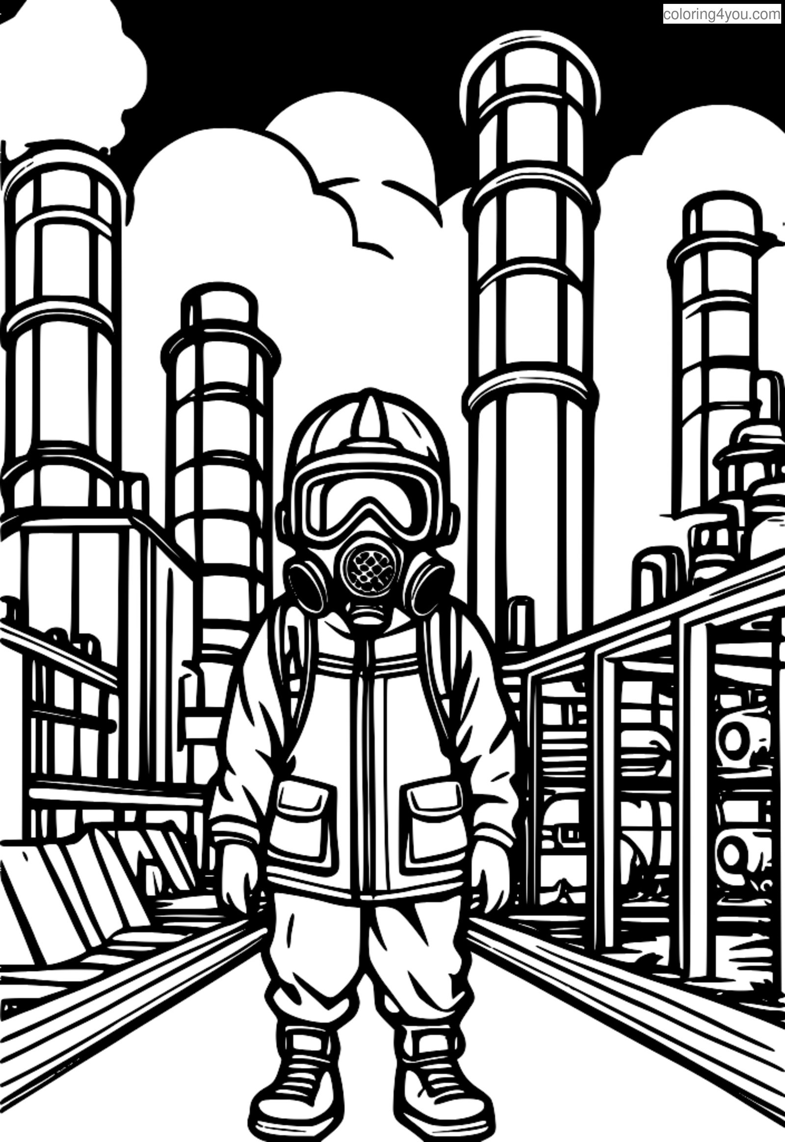 Дитина стоїть біля заводу з протигазом Дитина стоїть біля заводу з протигазом