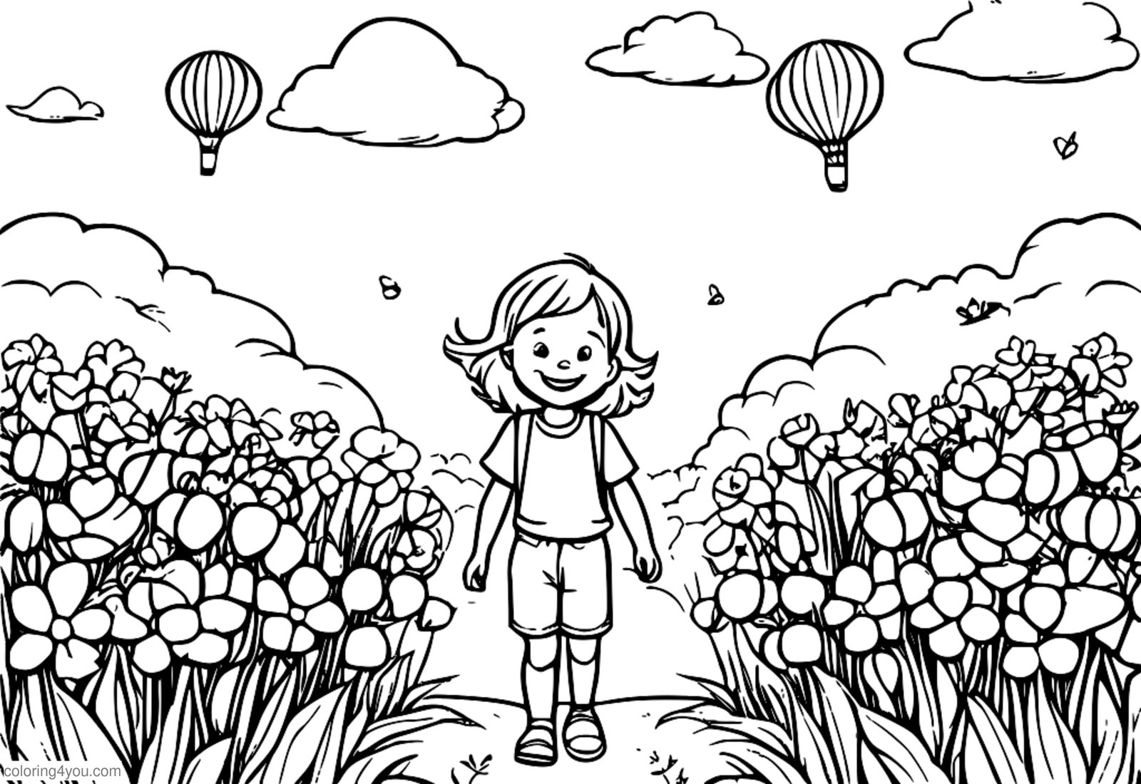 Gelukkig lachend kind met wijd open ogen en grote glimlach omringd door kleurrijke bloemen en ballonnen Gelukkig lachend kind met wijd open ogen en grote glimlach omringd door kleurrijke bloemen en ballonnen