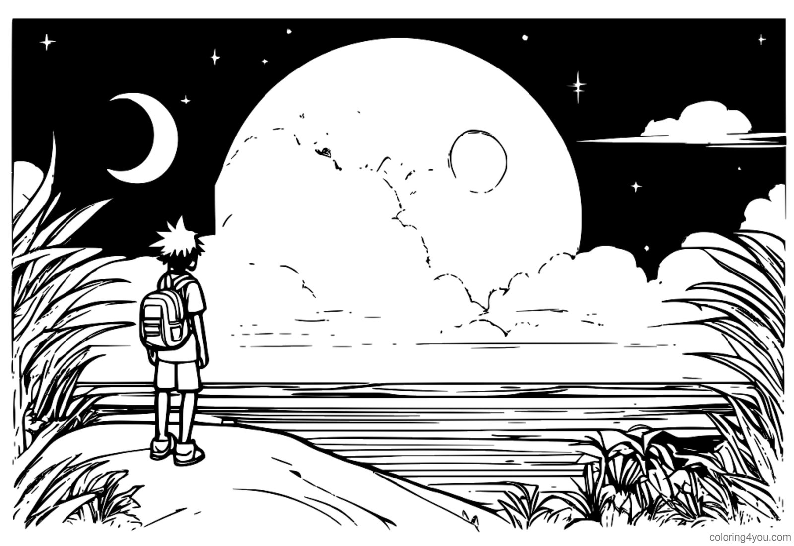 Gon Freecss parado en una isla con una enorme luna creciente brillando al fondo Gon Freecss parado en una isla con una enorme luna creciente brillando al fondo