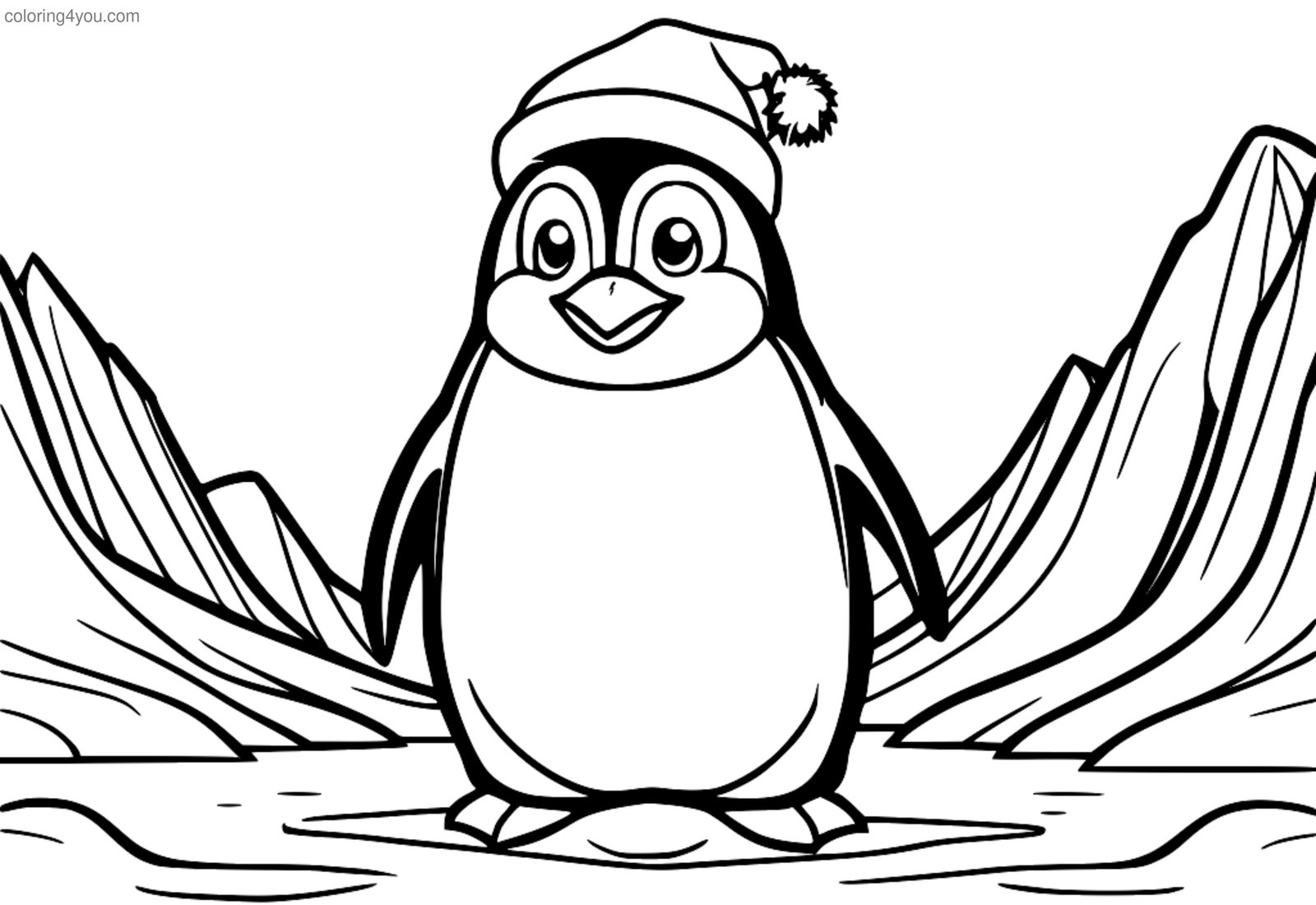 Een pinguïn die van een ijsberg glijdt met een grappige hoed. Een pinguïn die van een ijsberg glijdt met een grappige hoed.