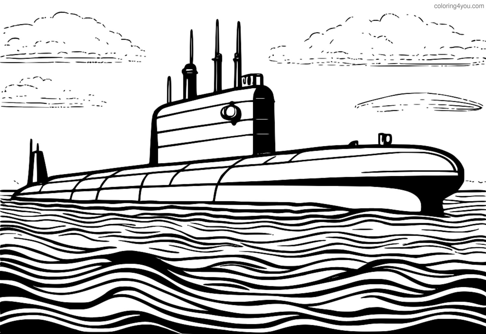 Coloring pages of a Kilo-class submarine from the Soviet Union's Cold War era Coloring pages of a Kilo-class submarine from the Soviet Union's Cold War era