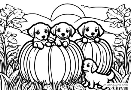 Cachorros felices lanzando una pelota para una calabaza