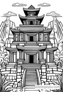 Dibujo de Templo antiguo con tesoro para colorear