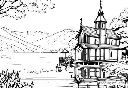 Dibujo para colorear de Cana Alberona del anime Fairy Tail con un fondo de iglesia y lago.
