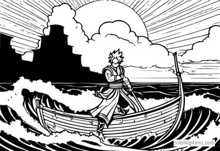 Dibujo para colorear de Laxus Dreyar del anime Fairy Tail con un fondo de mar tormentoso.