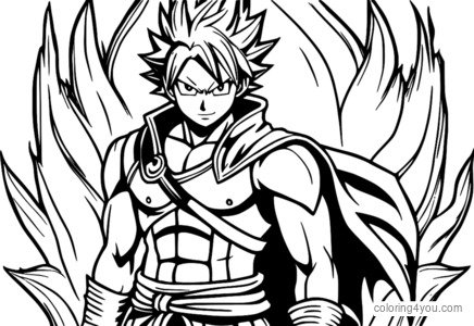 Dibujo para colorear de Natsu Dragneel del anime Fairy Tail con un fondo de dragón y llamas.