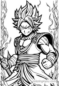 Dibujo para colorear de Natsu Dragneel del anime Fairy Tail con un fondo de dragón y llamas.
