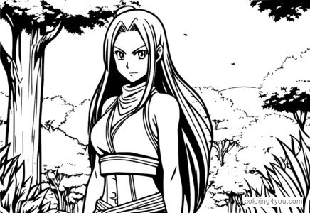 Dibujo para colorear de Erza Scarlet del anime Fairy Tail con un fondo de cielo rojo y árboles.