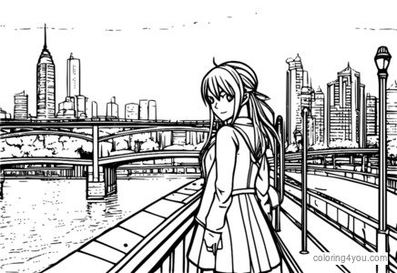 Dibujo para colorear de Juvia Lockser del anime Fairy Tail con un fondo de ciudad lluviosa.