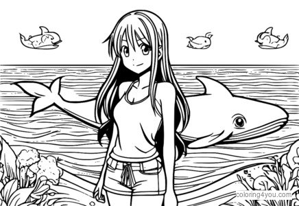 Dibujo para colorear de Wendy Marvell del anime Fairy Tail con un fondo marino.