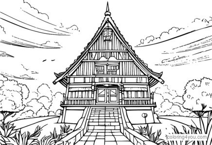 Dibujo para colorear de Happy del anime Fairy Tail con un fondo de día soleado.