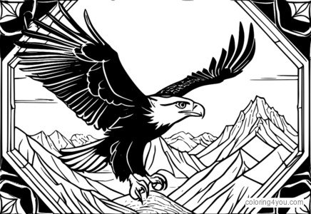 Dibujo para colorear de una baldosa hexagonal con un terreno montañoso y un águila majestuosa.