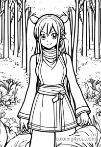 Dibujo para colorear de Carla del anime Fairy Tail con un fondo de bosque.