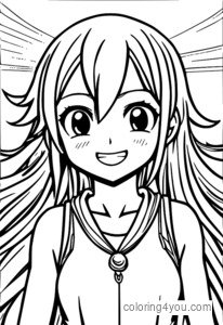 Dibujo para colorear de Happy del anime Fairy Tail con un fondo de día soleado.