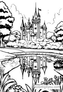 Dibujo para colorear de Levy McGillian del anime Fairy Tail con un fondo de castillo y jardín.