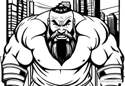 Zangief 街头霸王着色页，熟练的苏联士兵战斗