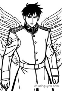 Страница за оцветяване на полковник Рой Мустанг от Fullmetal Alchemist с ръка за автоматична поща