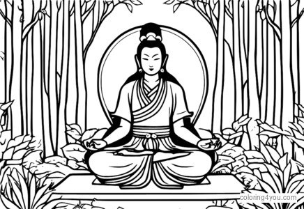 Li Tieguai tenant une flûte et assis dans une pose de yoga, entouré d'une forêt paisible.