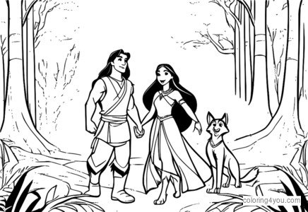 Dibujos para colorear de aventuras de descubrimiento de Pocahontas y Meeko