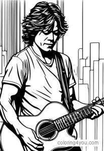 Eddie Van Halen trzymający gitarę akustyczną, otoczony nutami i akordami