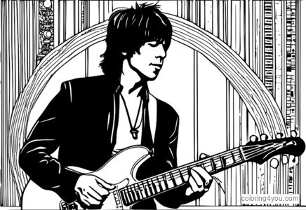 Jeff Beck 弹奏 Fender 吉他，周围环绕着爵士乐音符和和弦