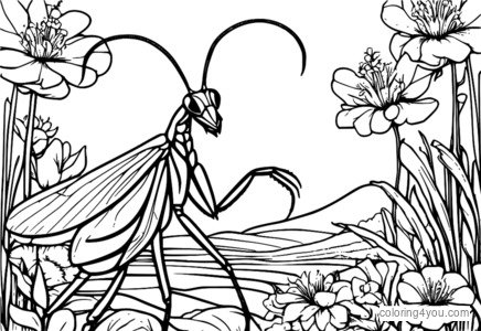 Bønnemantis omgivet af blomster og blade i landskabelige omgivelser