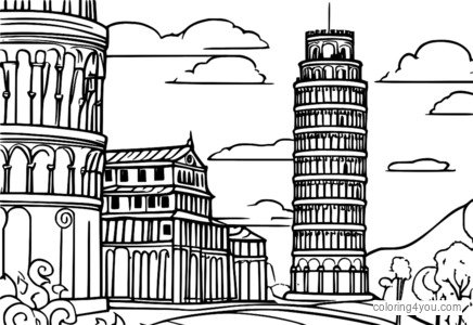 Ausmalbild Märchenhafter Schiefer Turm von Pisa mit Prinzessin und Drache