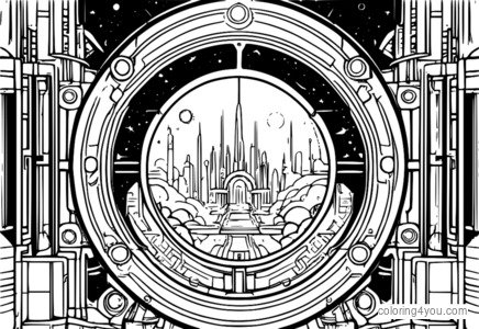 Futurystyczny portal kosmiczny w stylu steampunkowym z jasnym niebieskim światłem.