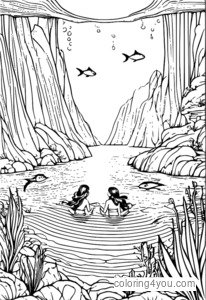 Een groep elfen en zeemeerminnen die samen zwemmen in een onderwaterkoninkrijk.