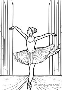 En vacker ballerina i en flödande vit tutu som står på ett ben i en modern danspose