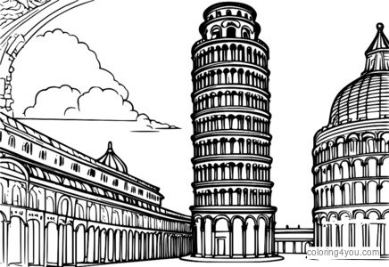 Steampunk-Ausmalseite „Schiefer Turm von Pisa“ mit Uhrwerksmechanismen