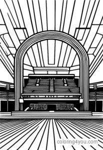Sportsstadion i retrostil med en markant taglinje og livlige farver