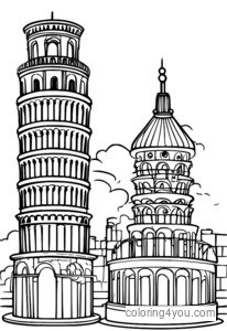 Steampunk-Ausmalseite „Schiefer Turm von Pisa“ mit Uhrwerksmechanismen