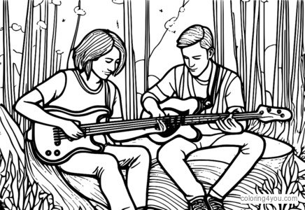 fargeblyanter tegning av en bassgitarist og gitarist som spiller nær et bål
