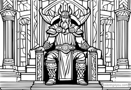 Omalovánka Vikingský král na trůnu s thorem