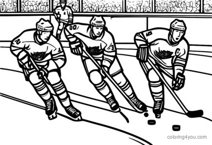 Team av hockeyspelare som tävlar mot mål, lagarbete och strategi, vintersport målarbok