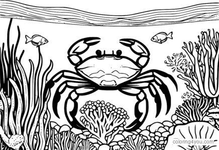 Une image colorée d'un crabe nageant à travers un récif de corail, entouré de bancs de poissons et d'anémones de mer