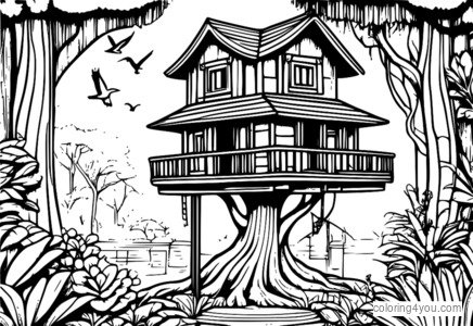 ilustração colorida de uma casa na árvore no dossel da selva