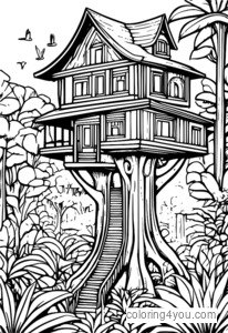 ilustração colorida de uma casa na árvore no dossel da selva
