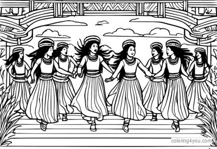 Damhsóirí síneadh gruaige i mbun damhsa traidisiúnta le drumadóireacht treibhe i dtimpeallacht cosúil le tarantella