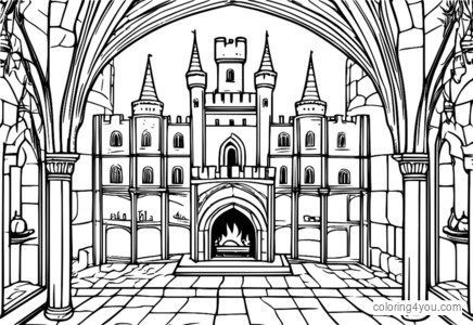 El interior de un castillo medieval con una gran chimenea y vistas al foso.