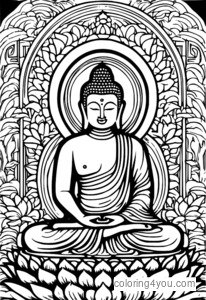 Pictura murală vibrantă și colorată a lui Buddha, cu motive, simbolizând învățăturile și înțelepciunea lui Buddha, invitând utilizatorii să exploreze tărâmul spiritualității orientale.