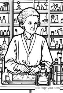 Marie Curie zaobchádza s tajomnou žiariacou látkou, obklopená výstražnými značkami a laboratórnym vybavením, pričom jej výraz napĺňa pocit úžasu a zvedavosti.