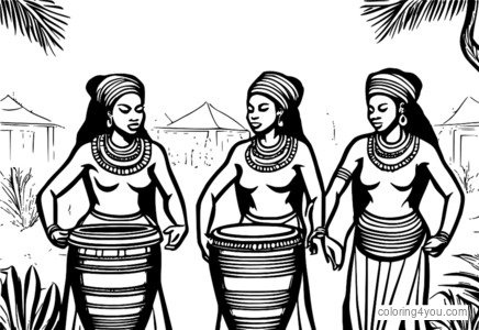 Mulheres tribais africanas dançando com tambores tradicionais em um ambiente de aldeia