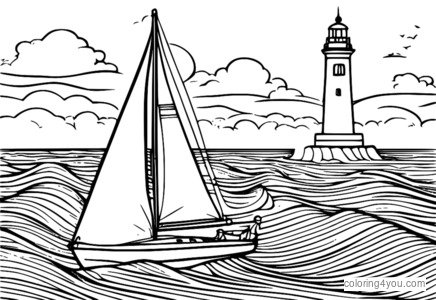 Illustration dynamique d'un voilier courant vers un phare coloré