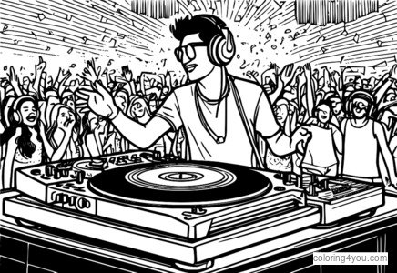 DJ quay các bản nhạc cho một trang tô màu