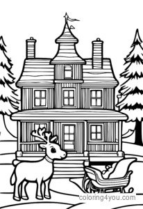 Gingerbread House on Reindeer Sleigh գունազարդման էջում - Merry Christmas